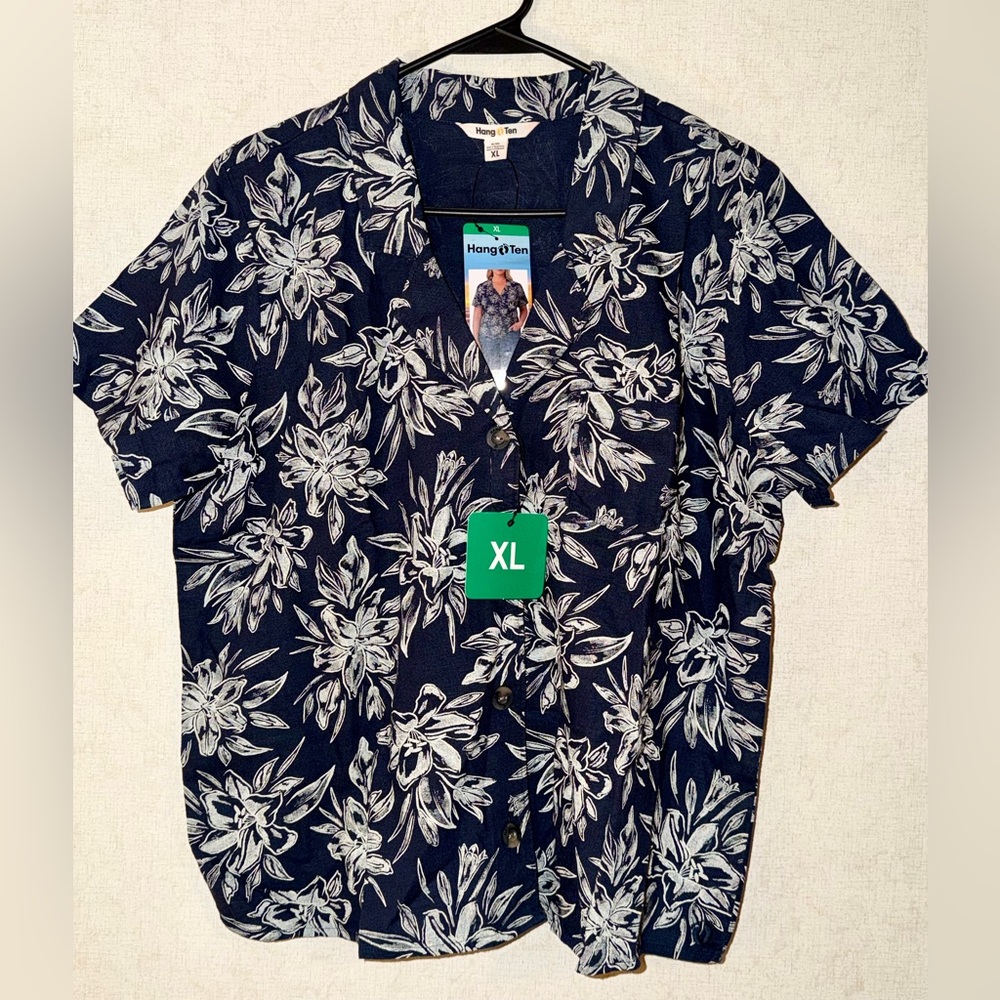HANG TEN Blue & White Floral Hawaiian Shirt Button Up Women’s Size XL LinenBlend